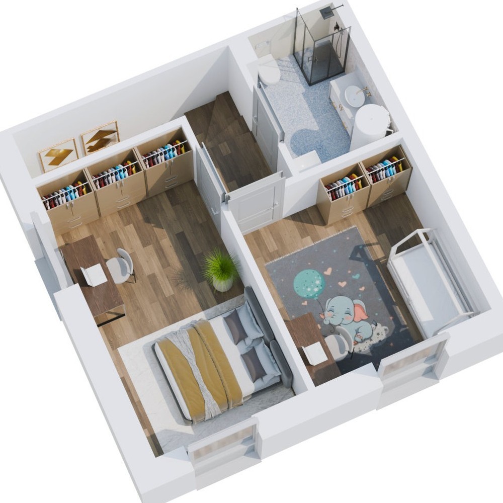 Rzut piętra — układ 60,64 m² (segmenty A1, B1)