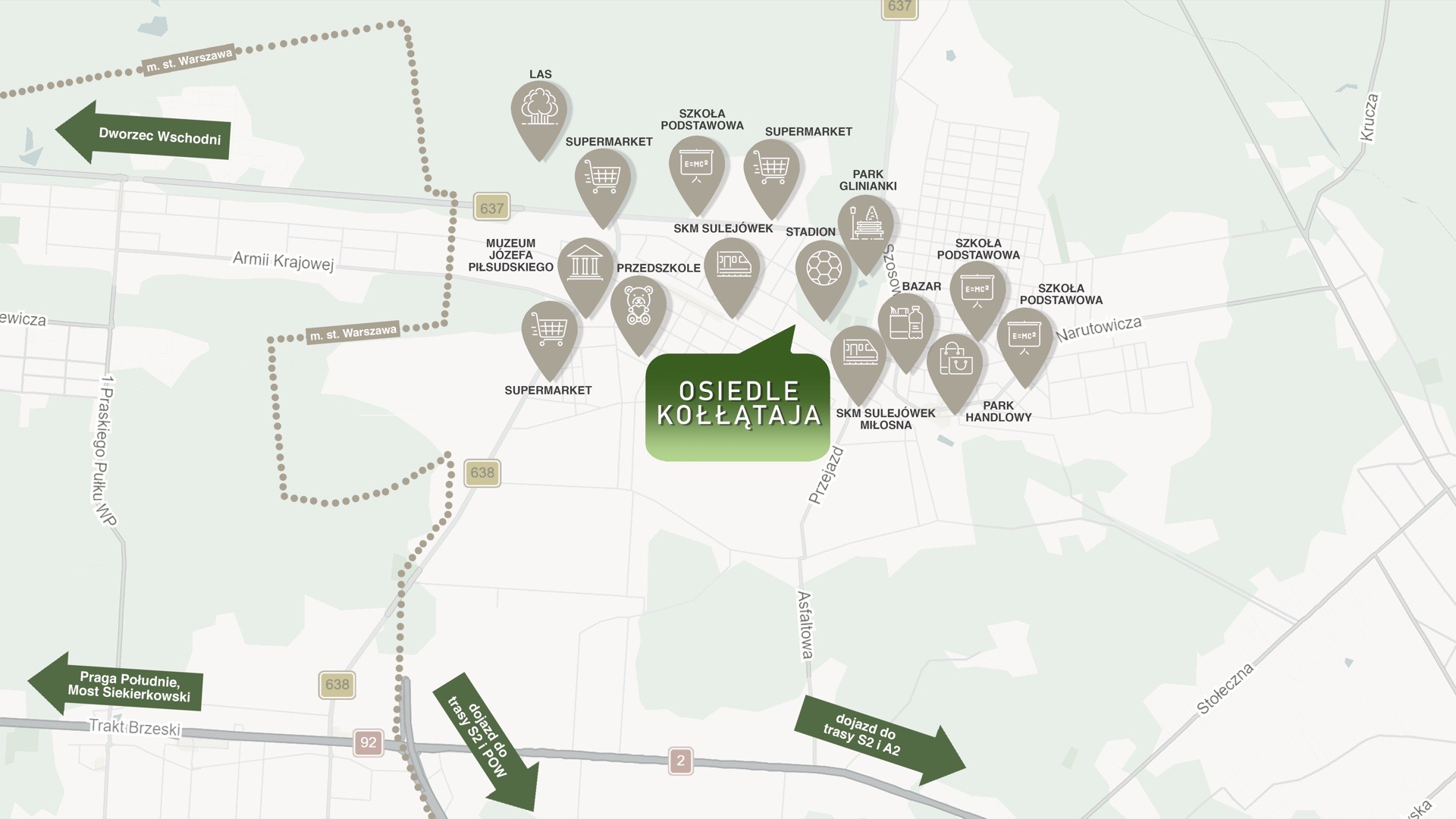 Mapa atrakcji okolicy — Park Glinianki, stacja SKM, sklepy
